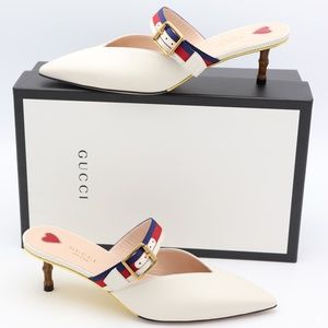 GUCCI Web Strap Bamboo Heel Leather Mules New